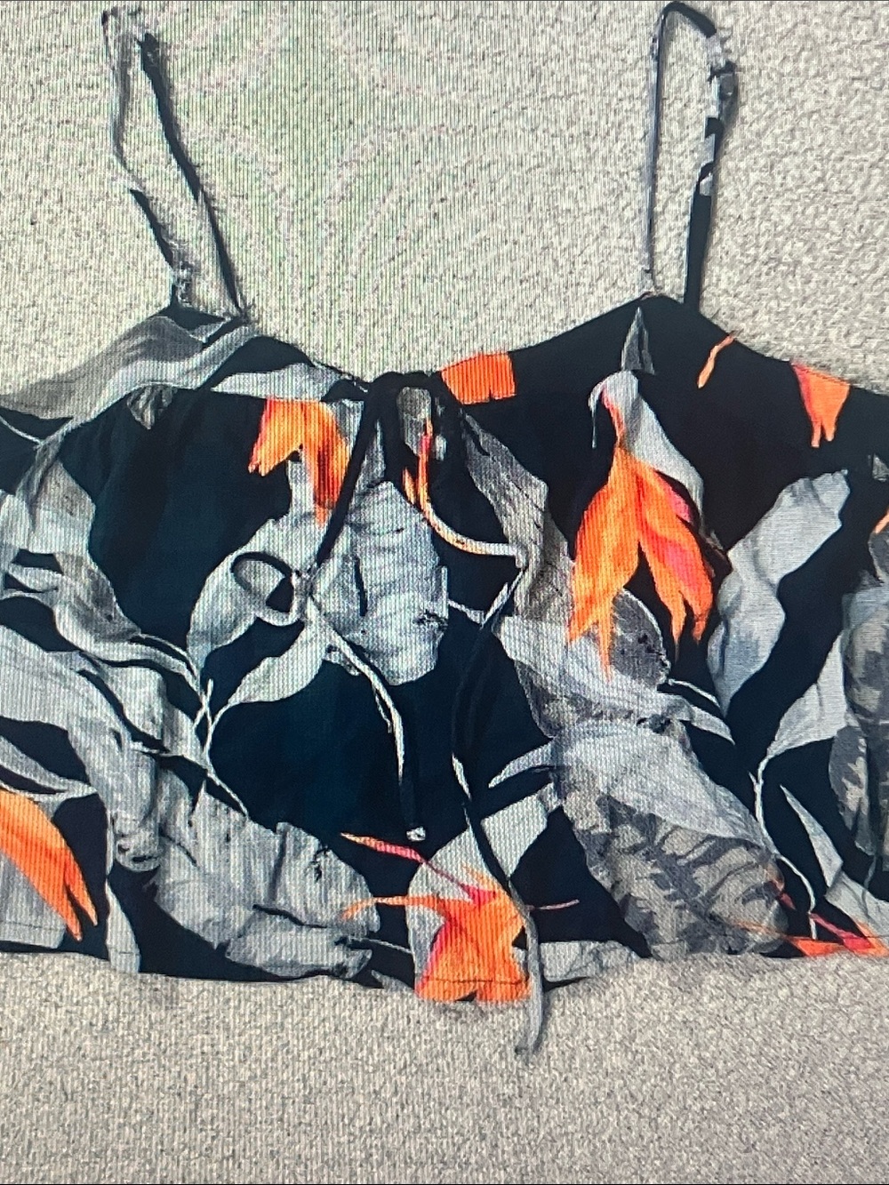 Patrons of Peace Black Floral Tie-Front Crop Top with Orange Accents